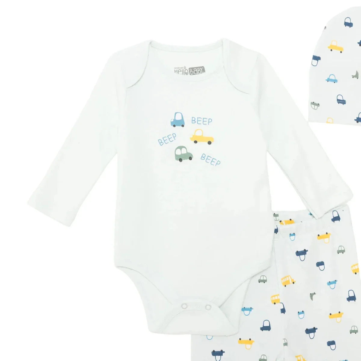 HelloBaby Boys Body-Footed Bottom-Hat Vehicles with Poppers Crew Neck Long Leg Long Sleeve - Light Blue