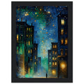Surreal Urban Night Scene Poster - Vibrant Reflection - Black Framed Art Ready to Hang
