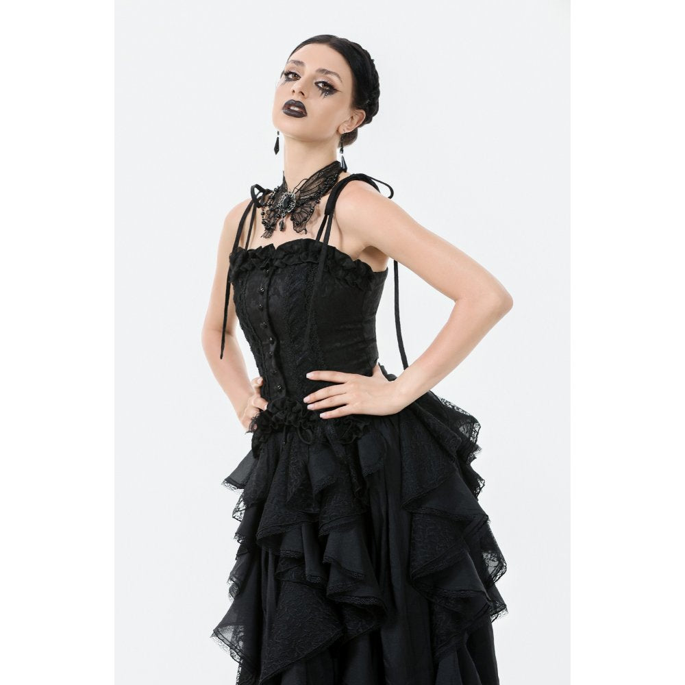 Dark in Love Selene Black Floral Jacquard Ruffled Corset Top