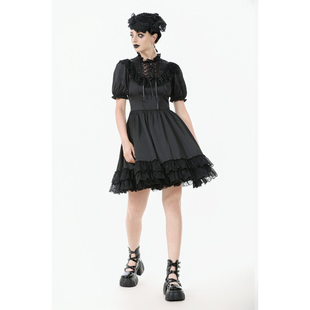 Dark in Love Belladonna Goth Dress – Black Lace-Up Puff Sleeve