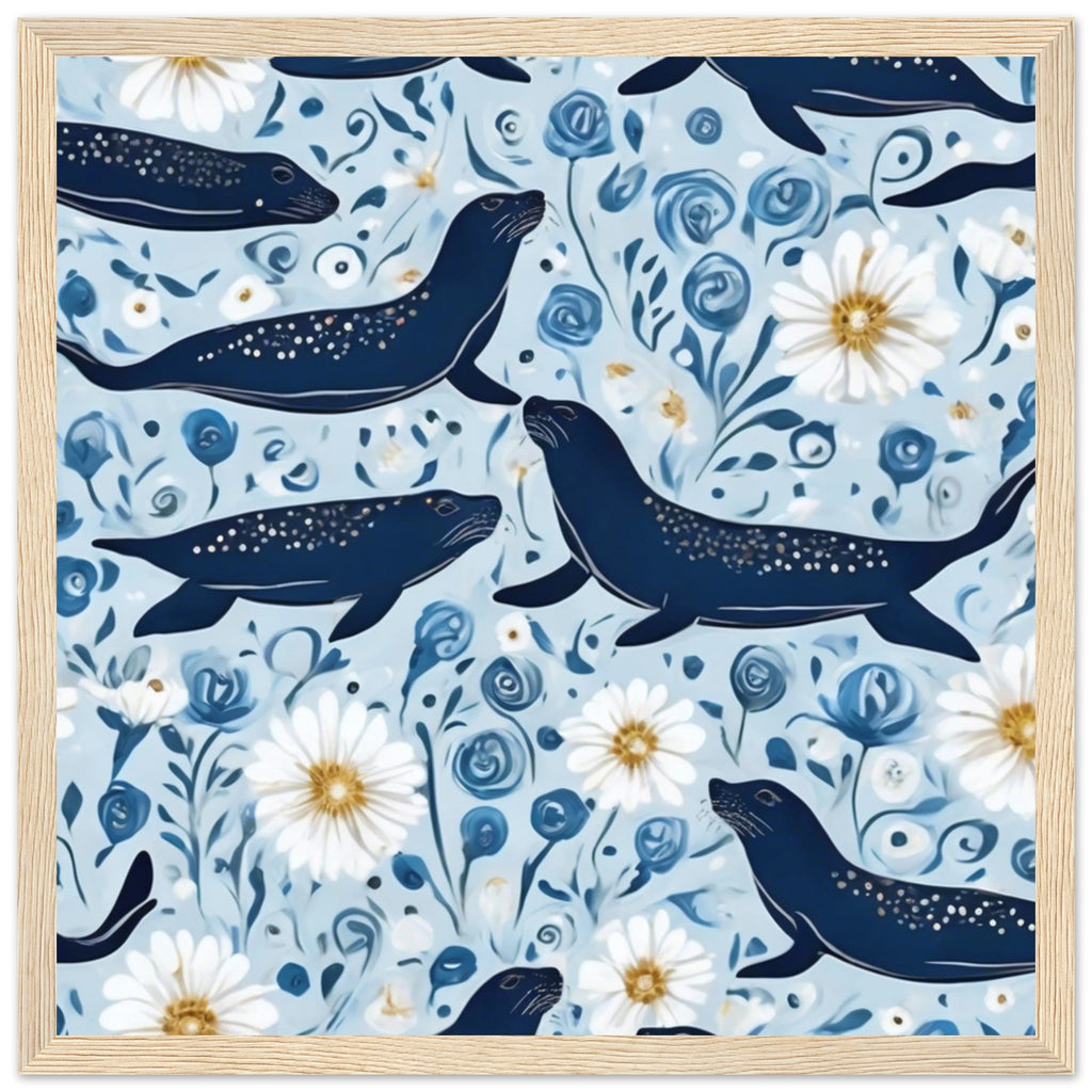 Whimsical Seal and Daisy Framed Wall Art – Coastal Nature Print, Ready to Hang