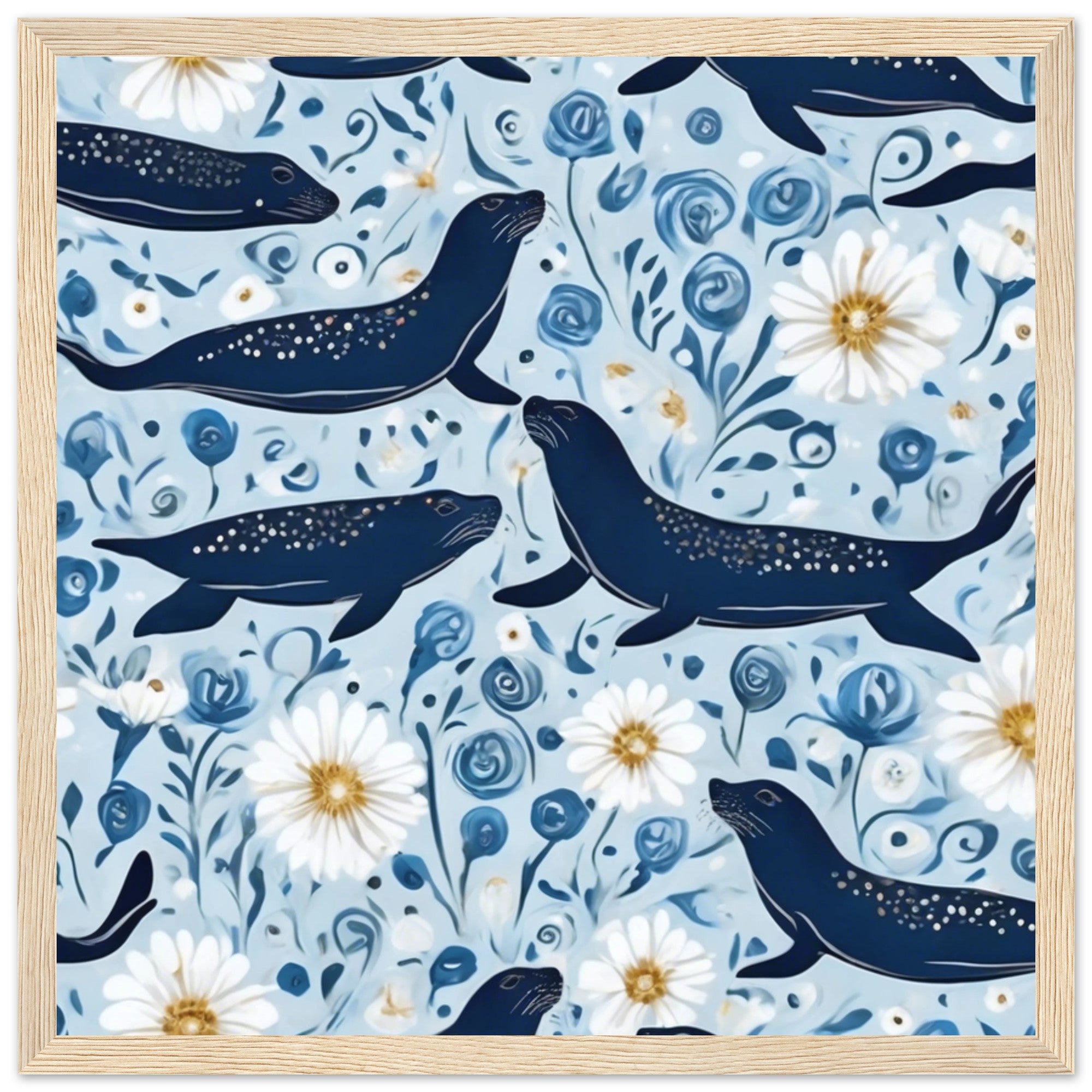 Whimsical Seal and Daisy Framed Wall Art – Coastal Nature Print, Ready to Hang