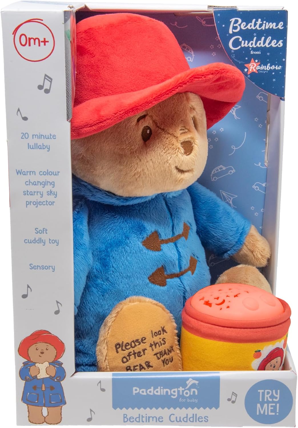 Rainbow Designs Bedtime Cuddles with Paddington Bear Set - Cuddleable Soft Teddy Toy & Marmalade Jar Nightlight - Calming Lullaby, Colour-Changing Moons & Stars