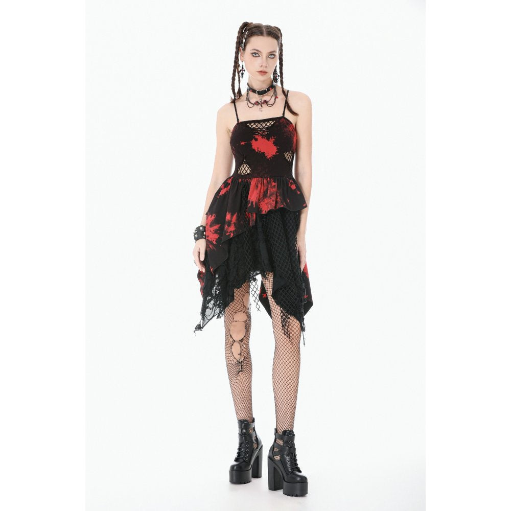 Dark in Love Red & Black Tie Dye Punk Dress | Asymmetric Mesh Goth Style