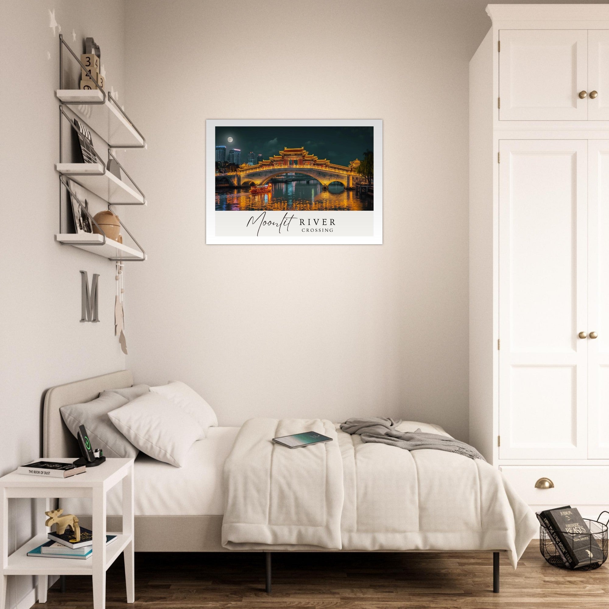 Moonlit River Crossing Poster - Illuminated Bridge Night Scene - Modern Landscape Wall Art Print