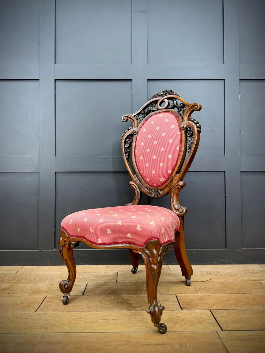 Victorian Carved Walnut Nursing Chair – Scroll Legs & Red Side Bedroom Chair