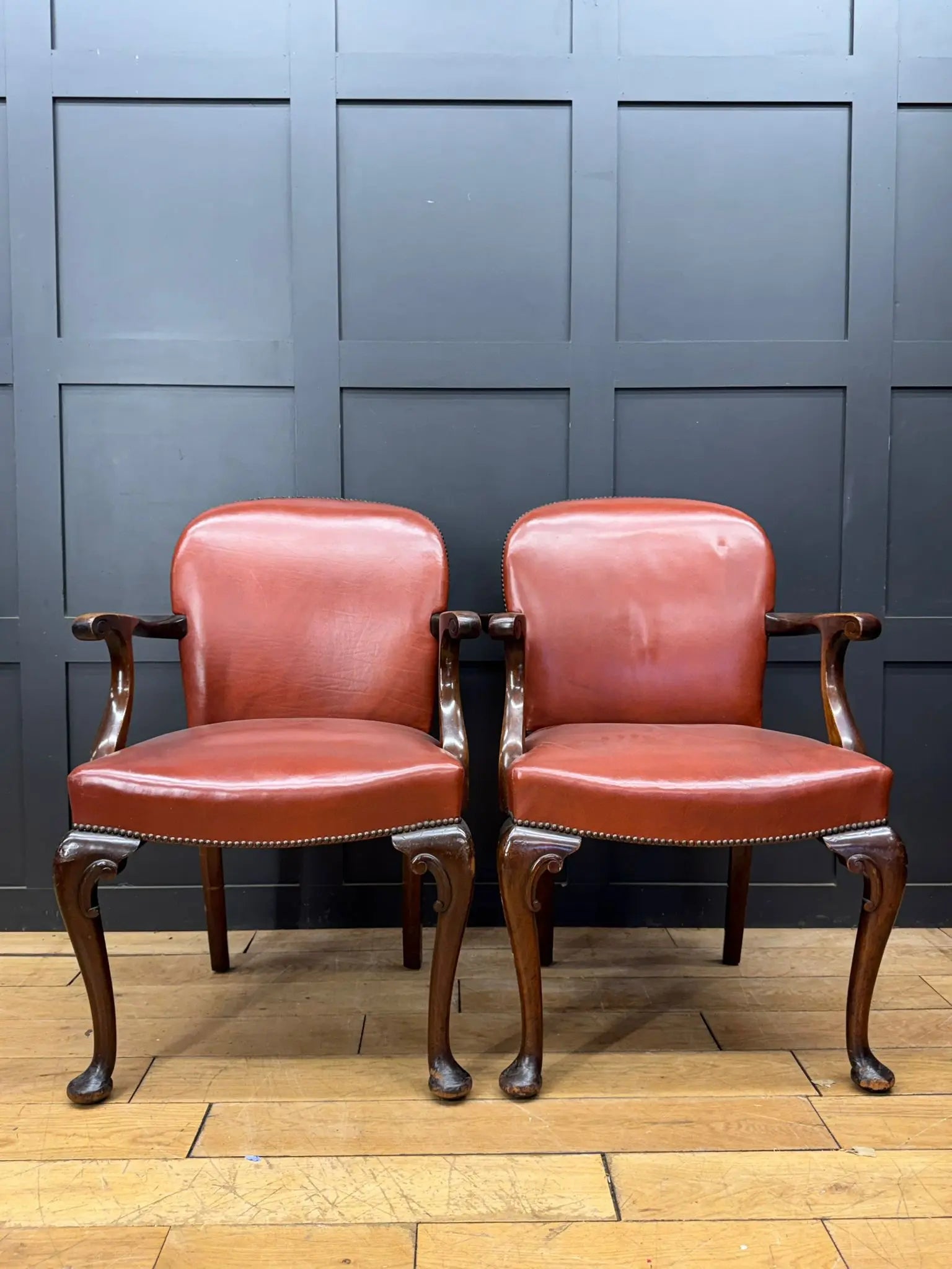 Antique Pair Of Gainsborough Style Mahogany Armchairs Desk Study Carver Chairs