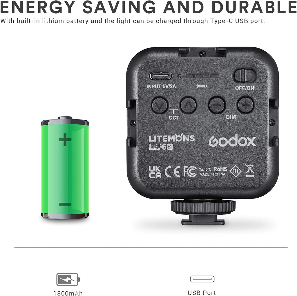 Godox Litemons LED6Bi Mini LED Video Light | Bi-Color 3200K-6500K CRI 95
