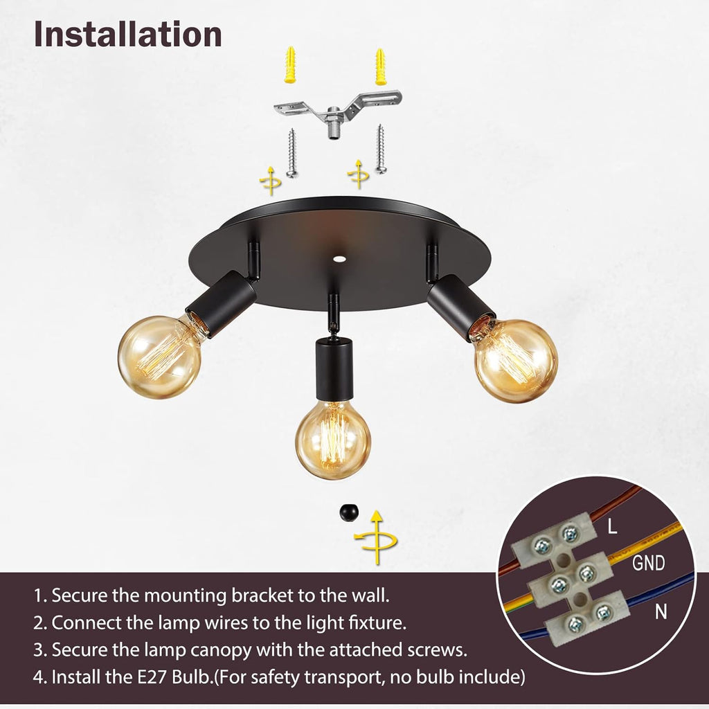 Lightsjoy 3-Way Rotatable Black Ceiling Spot Light | Vintage E27 Metal