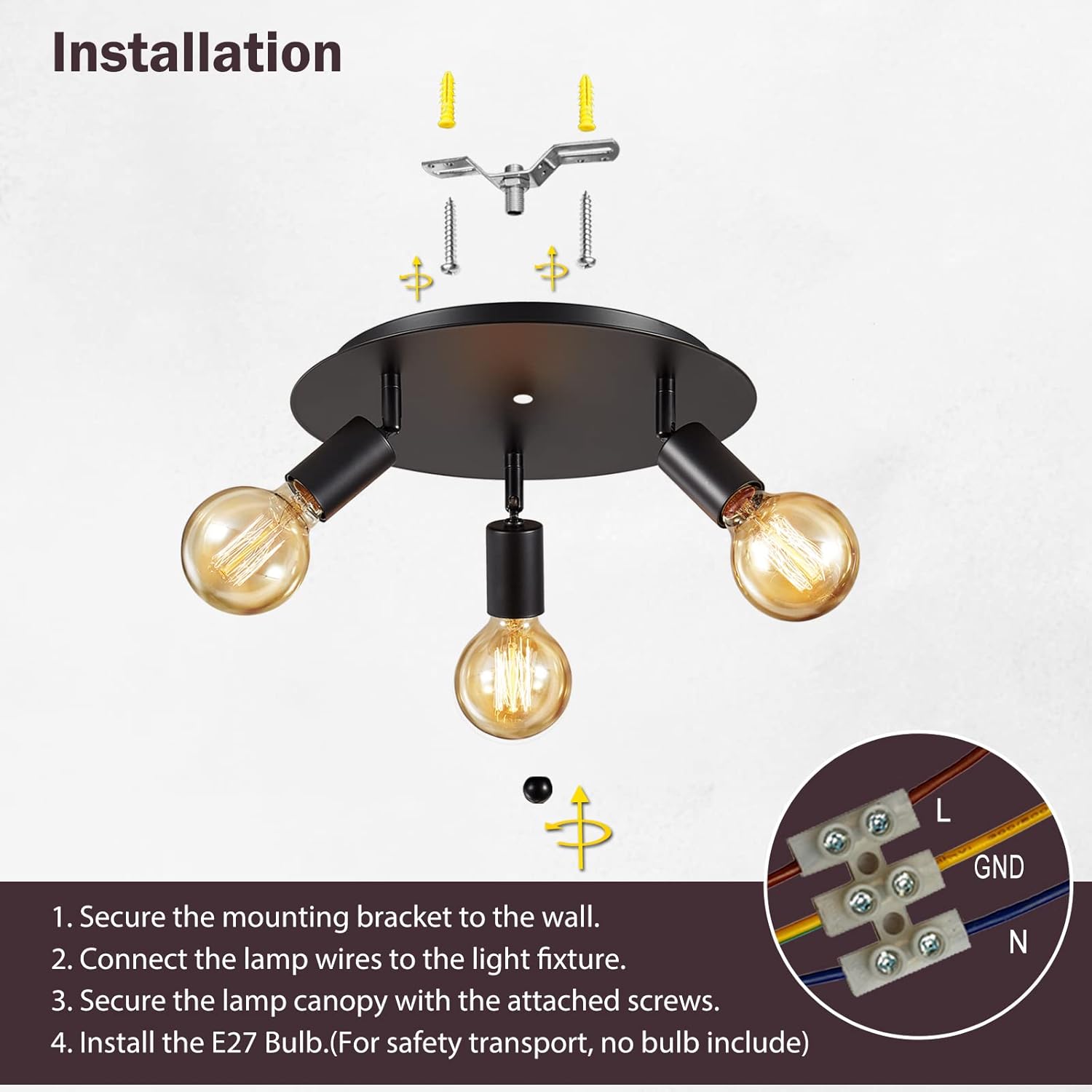 Lightsjoy 3-Way Rotatable Black Ceiling Spot Light | Vintage E27 Metal