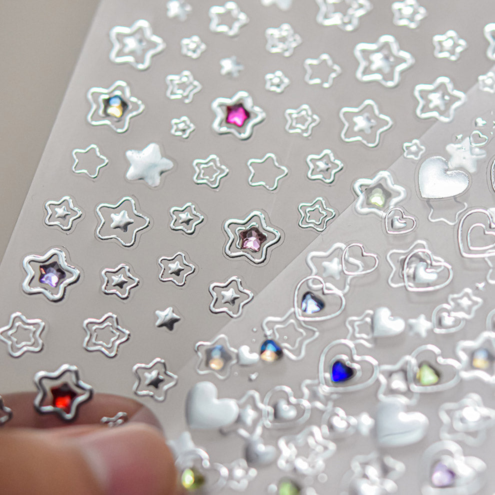 LuLuFun Studio Silver Star Heart 5D Nail Deco Stickers - 1 Sheet