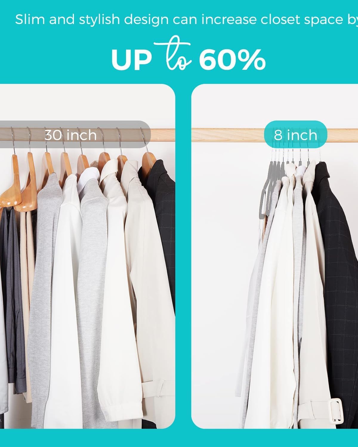 HOUSE DAY 60-Pack Grey Velvet Hangers – Non-Slip Space-Saving Design