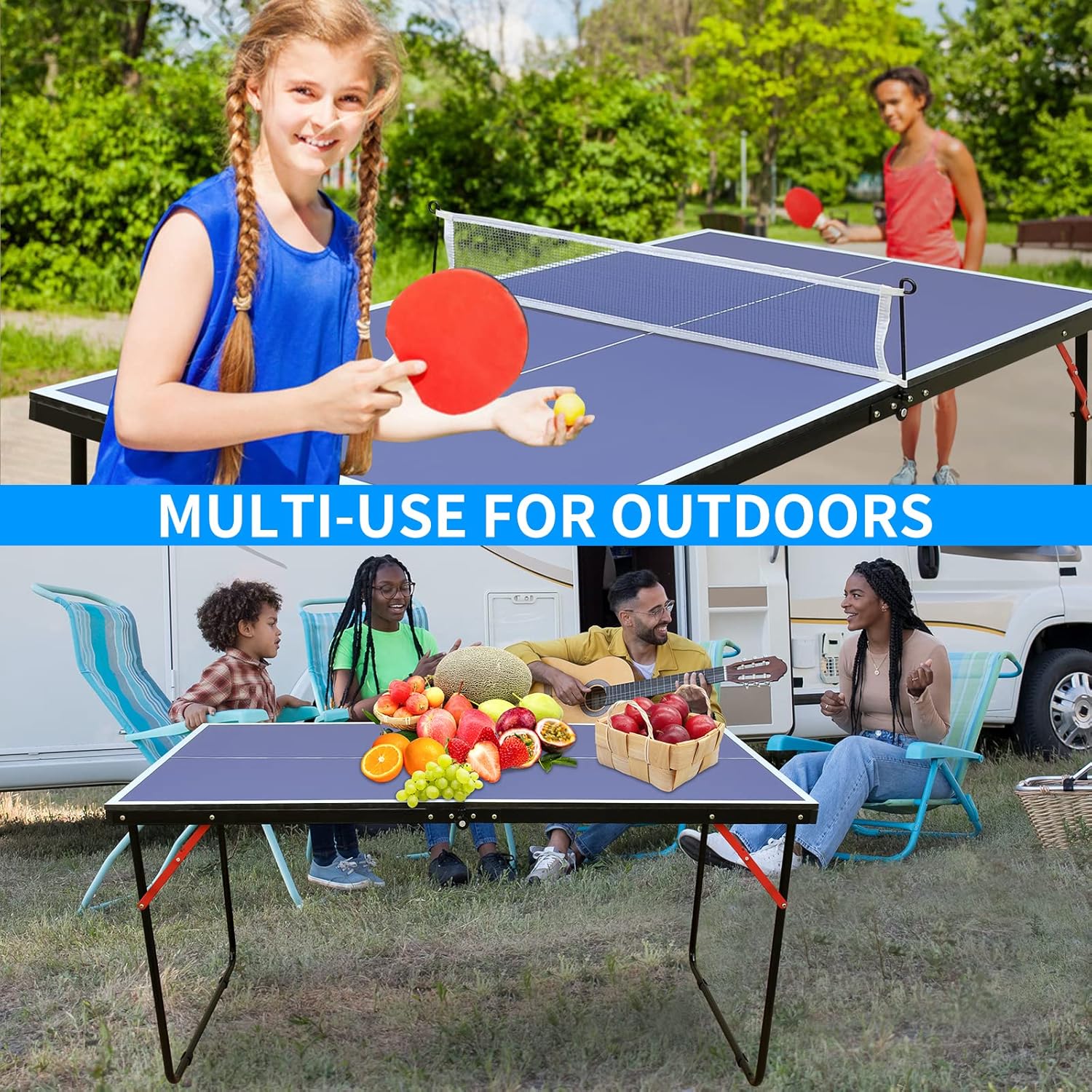REXOUS Midsize Folding Ping Pong Table Set - 54" x 30" Portable Game Table