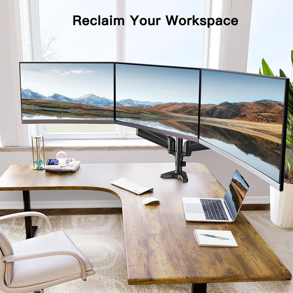 HUANUO Triple Monitor Stand – Gas Spring Desk Mount for 17-32 Inch Screens