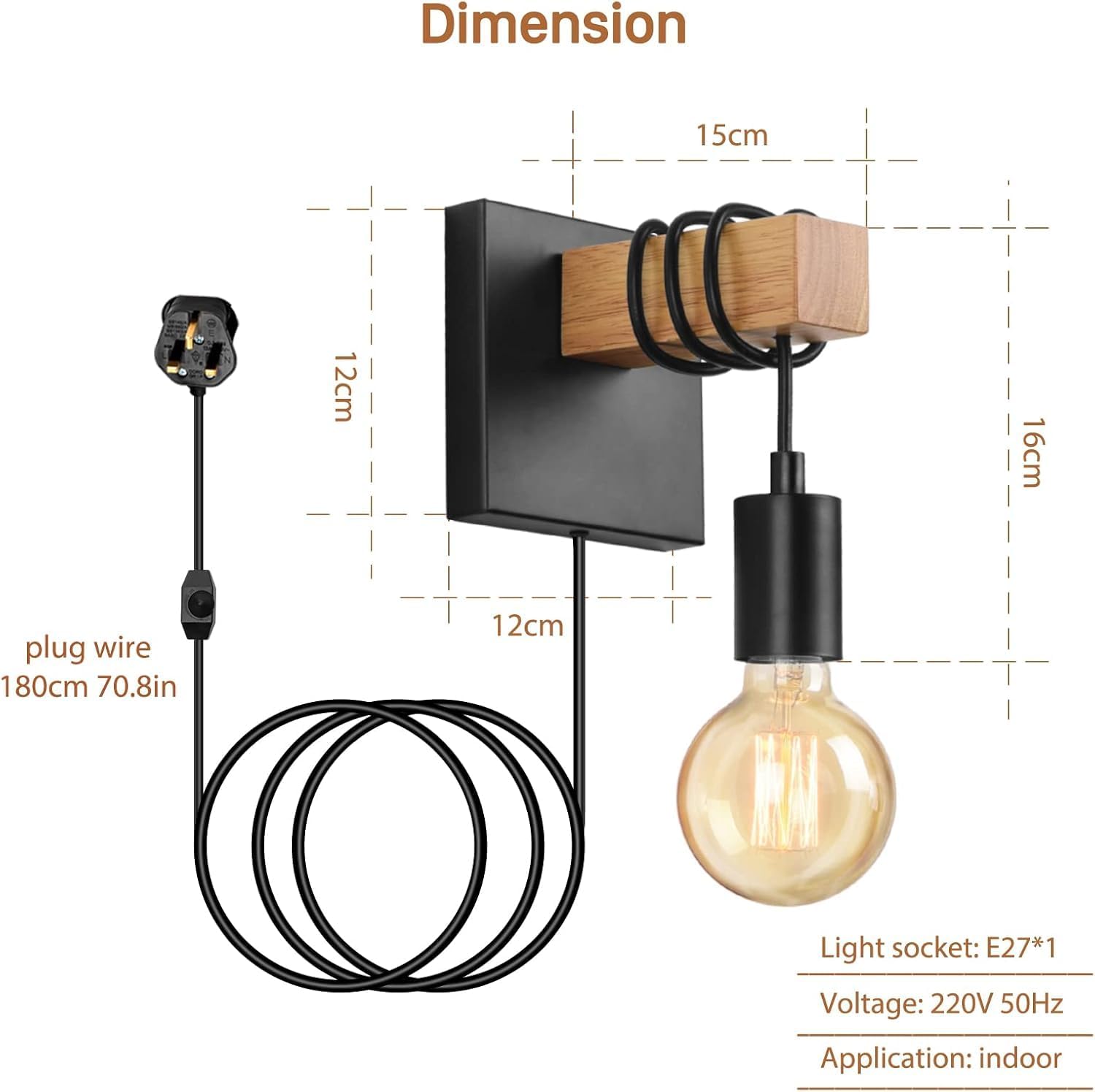 Lightess Dimmable Plug-In Wall Sconces – 2-Pack Black Wood Lighting