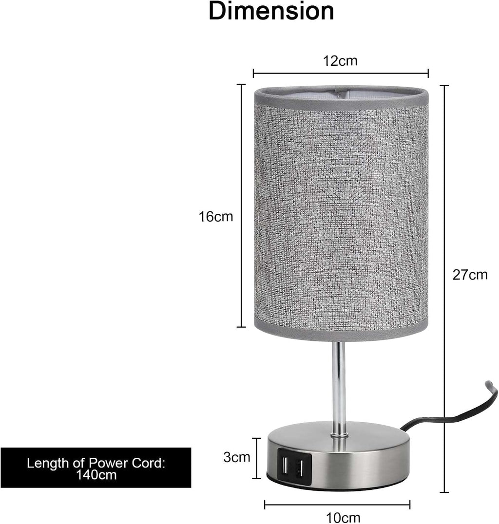 Lightess Touch Bedside Lamps - Set of 2 Grey USB Dimmable Table Lamps
