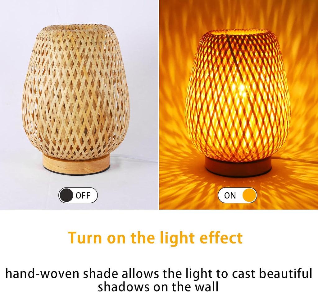 Schindora Bamboo Table Lamp – Handmade Wicker Boho Bedside Light