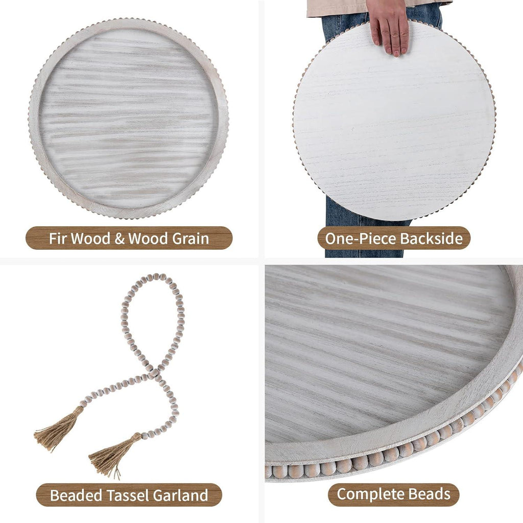 HANOBE 18 Inch Round Wooden Tray | Beaded Boho Coffee Table Centerpiece