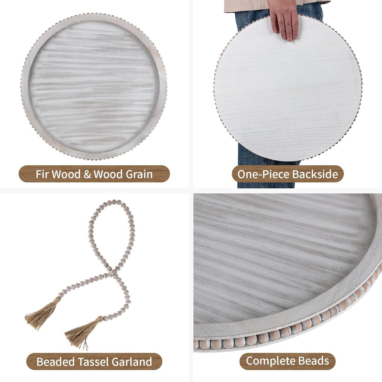 HANOBE 18 Inch Round Wooden Tray | Beaded Boho Coffee Table Centerpiece