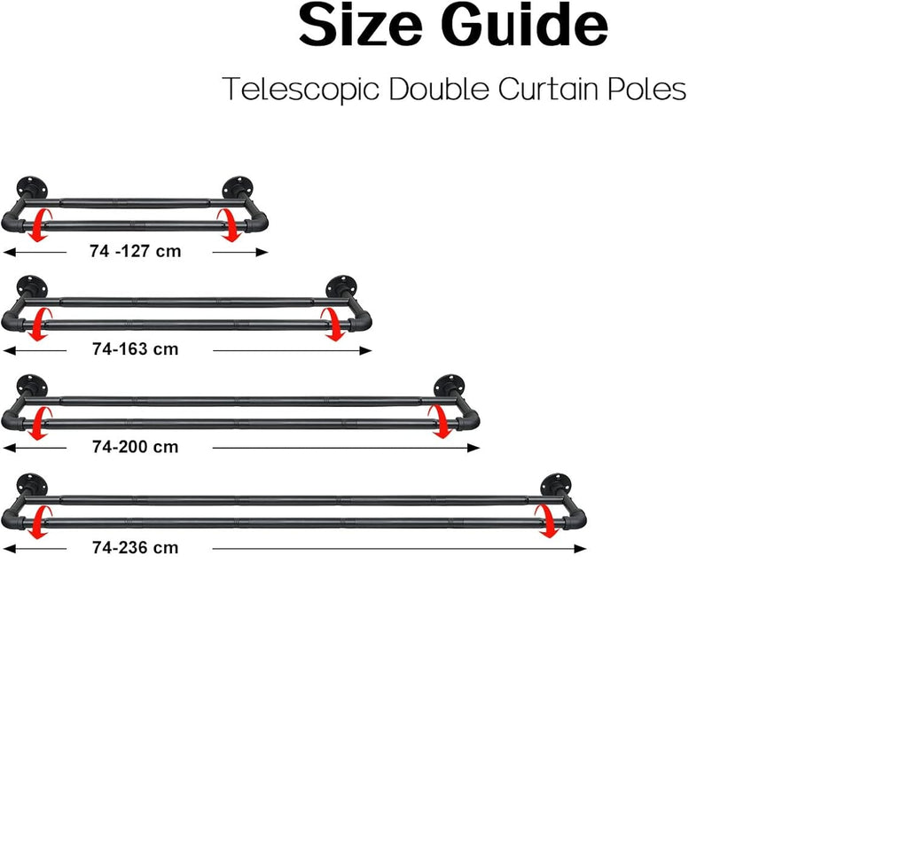 Harrms Double Curtain Pole – Black Industrial Extendable Rod 74–236cm