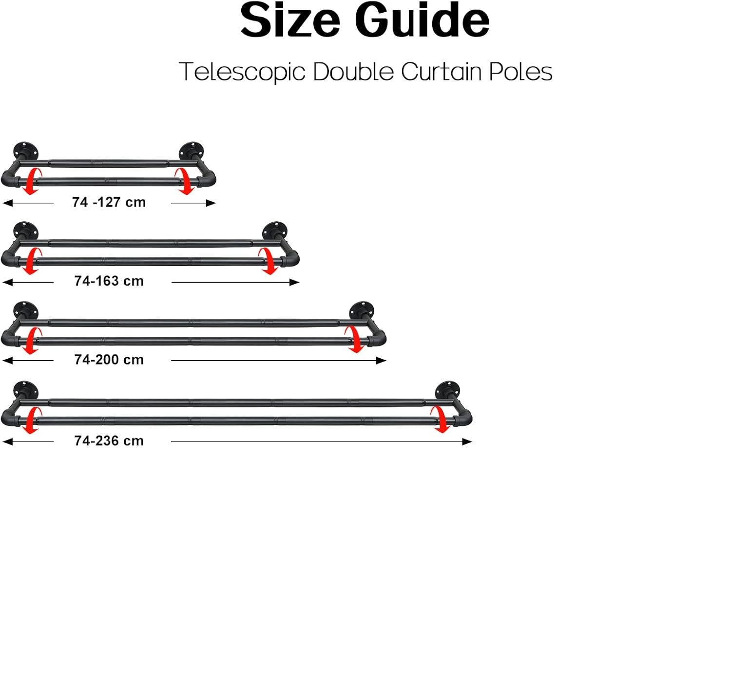 Harrms Double Curtain Pole – Black Industrial Extendable Rod 74–236cm