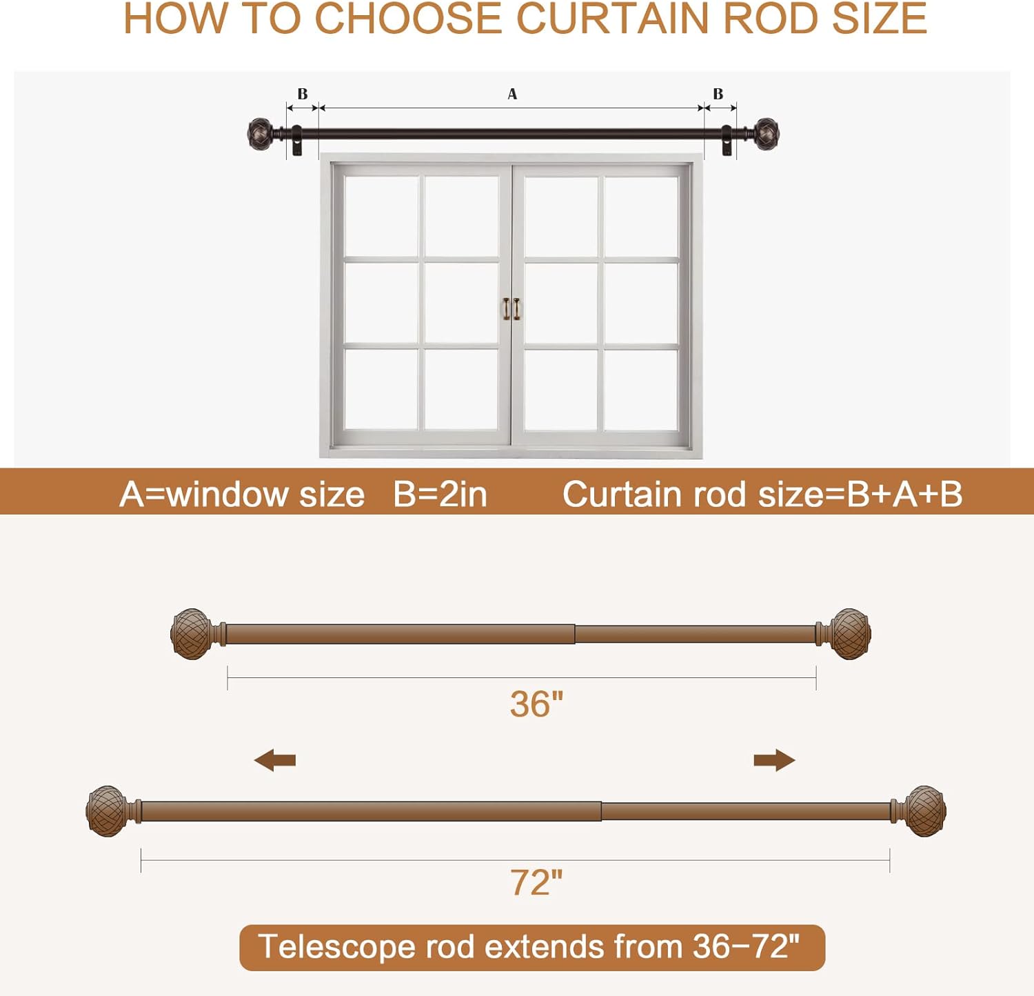 SZXIMU Extendable Curtain Rod 182-365cm | Netted Finials – Brown