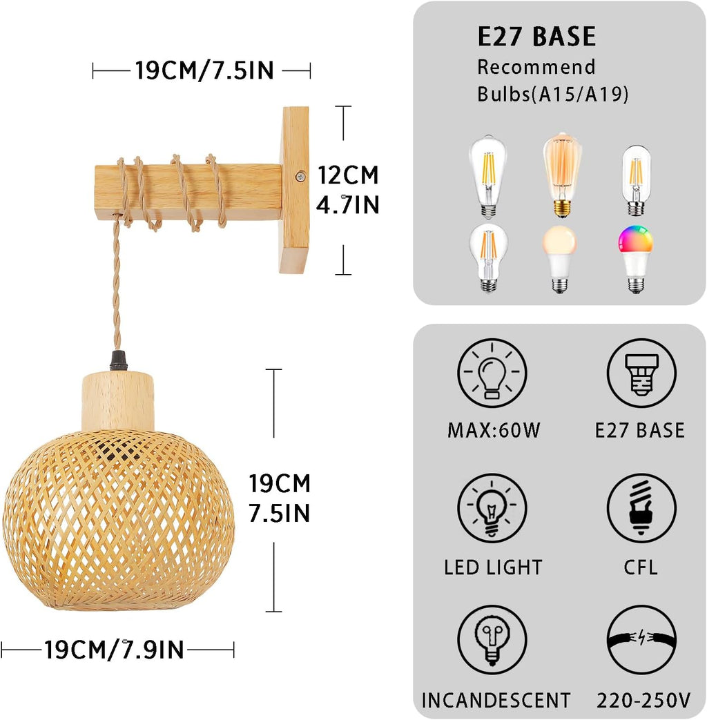 Schindora Handwoven Bamboo Wall Light – Boho Rattan E27 Indoor Sconce