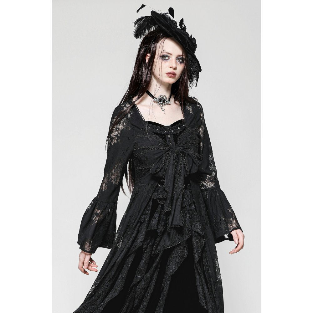 Dark in Love Emersyn Gothic Long Robe – Floral Lace Bell Sleeve