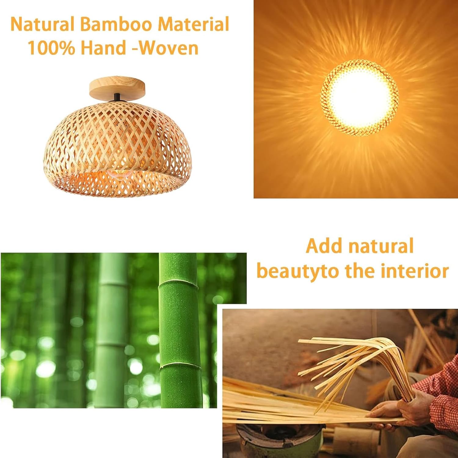 Schindora Bamboo Rattan Ceiling Light – Boho Farmhouse Flush Mount