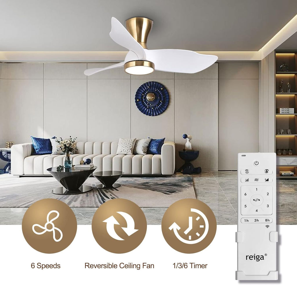 Reiga 91cm Flush Mount DC Ceiling Fan | Dimmable LED Light & Remote