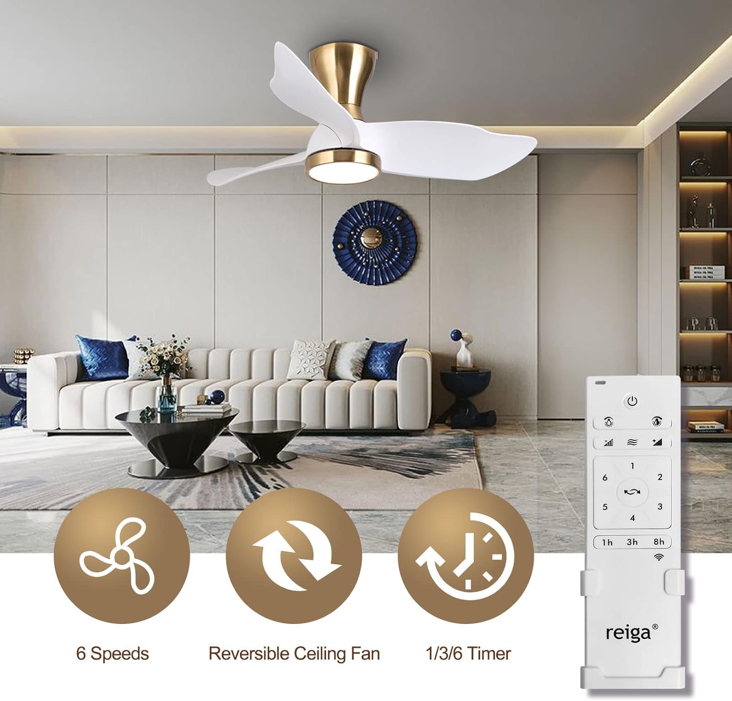 Reiga 91cm Flush Mount DC Ceiling Fan | Dimmable LED Light & Remote