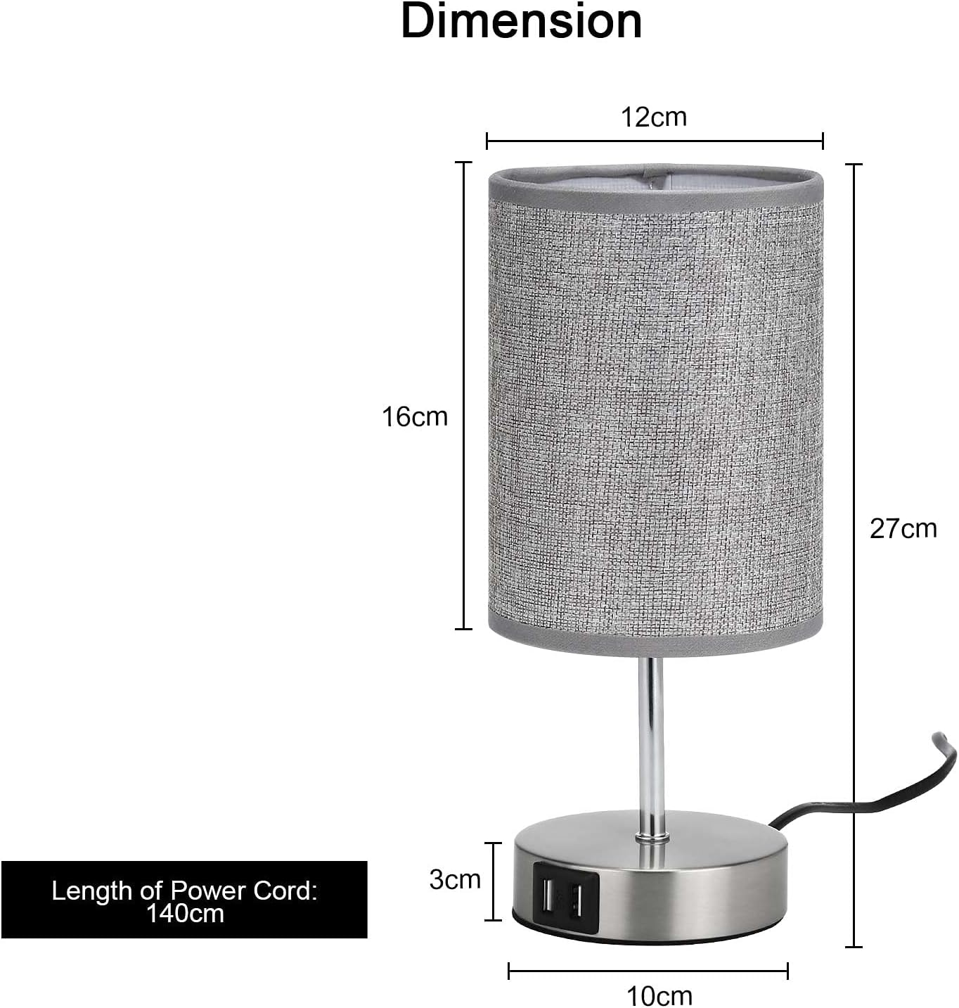Lightess Touch Bedside Lamps – Set of 2 Grey USB Dimmable Table Lamps