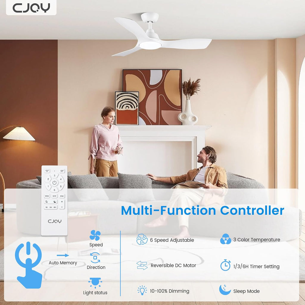 CJOY 42" White Ceiling Fan with Dimmable LED Light and Remote Control