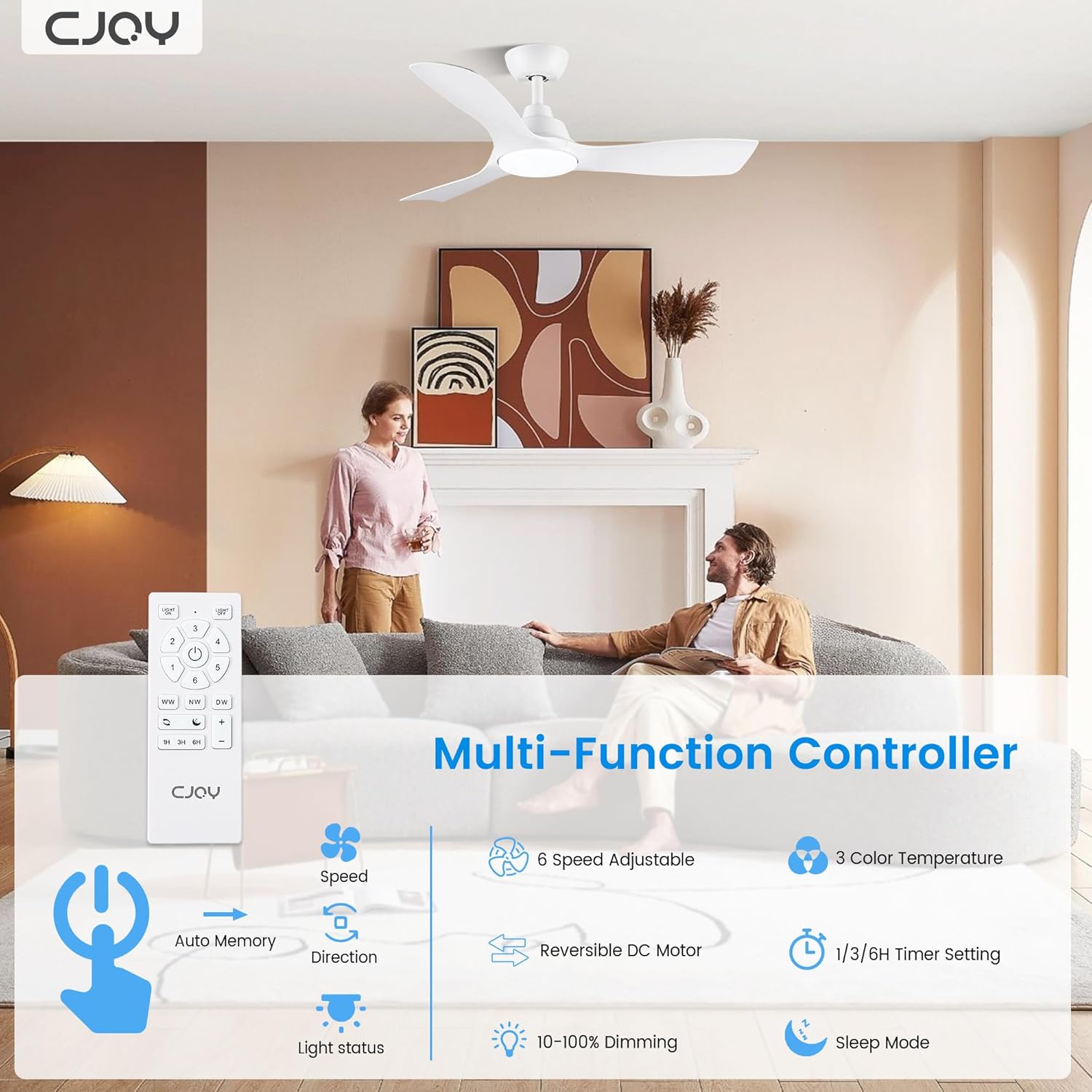 CJOY 42" White Ceiling Fan with Dimmable LED Light and Remote Control