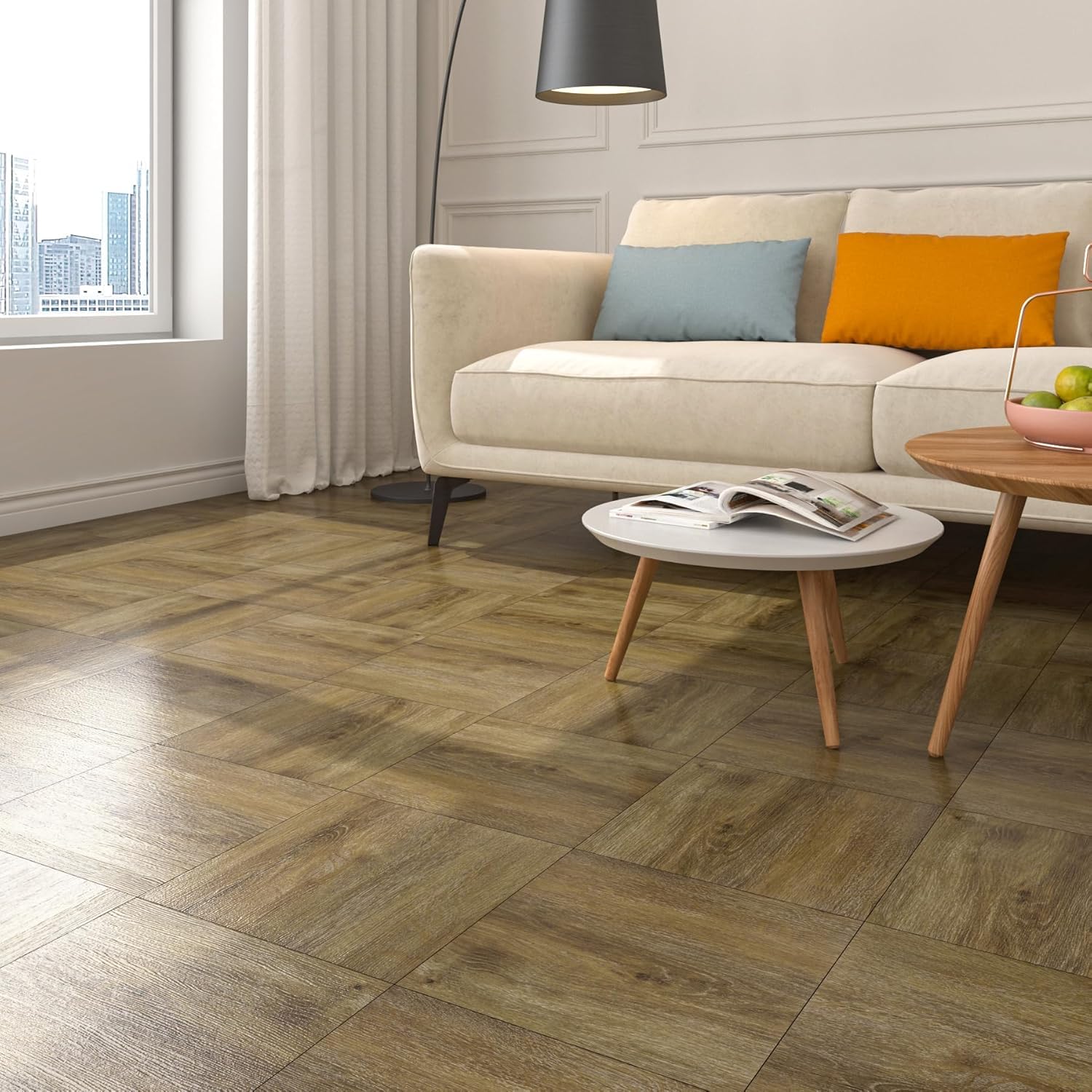 FunStick Beech Wood Effect Vinyl Floor Tiles - 35 Pcs Peel and Stick