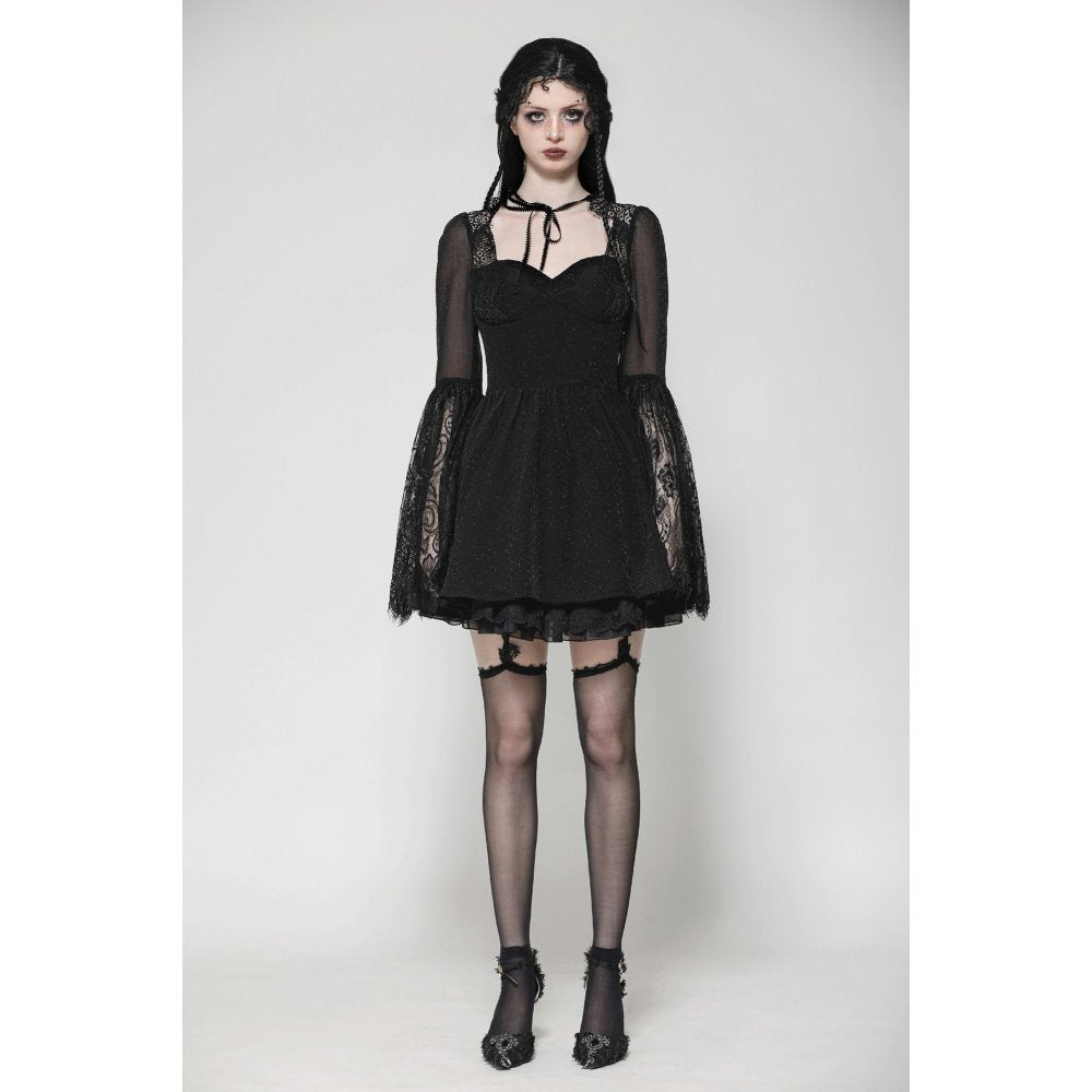 Dark in Love Greta Gothic Lace-Up Mesh Dress – Black Bell Sleeve