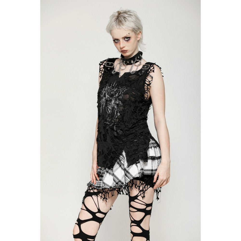 Dark in Love Quinn Punk Checkered Asymmetrical Net Skirt – Black/White