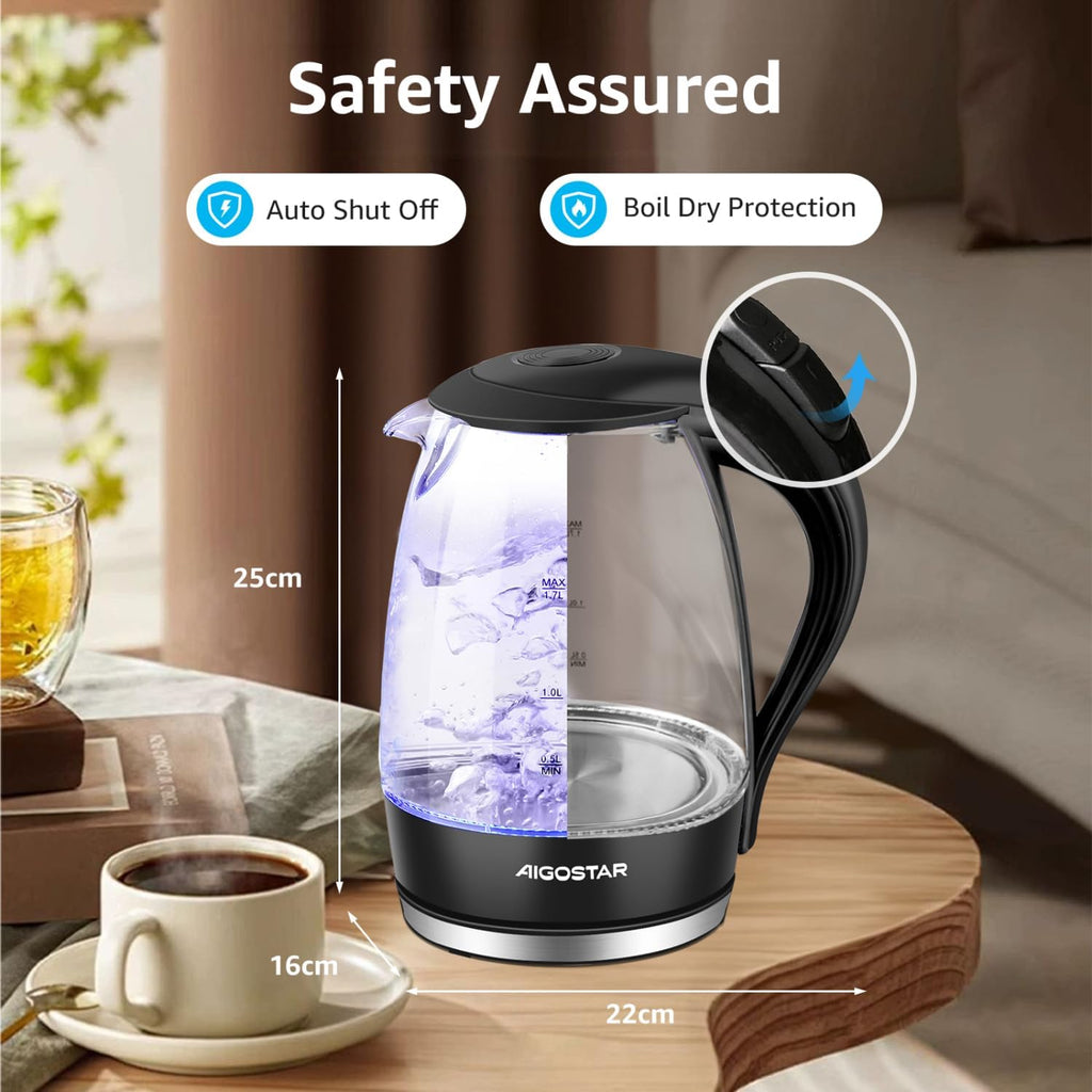 Aigostar 1.7L Glass Electric Kettle | 2200W Fast Boil LED Light
