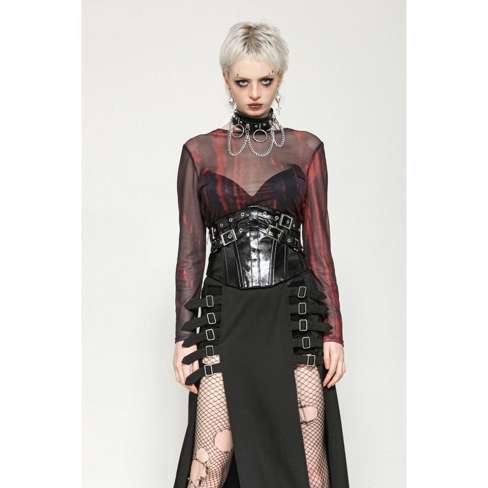 Dark in Love Carson Black and Red Tie-Dye Mesh Gothic Basic Top