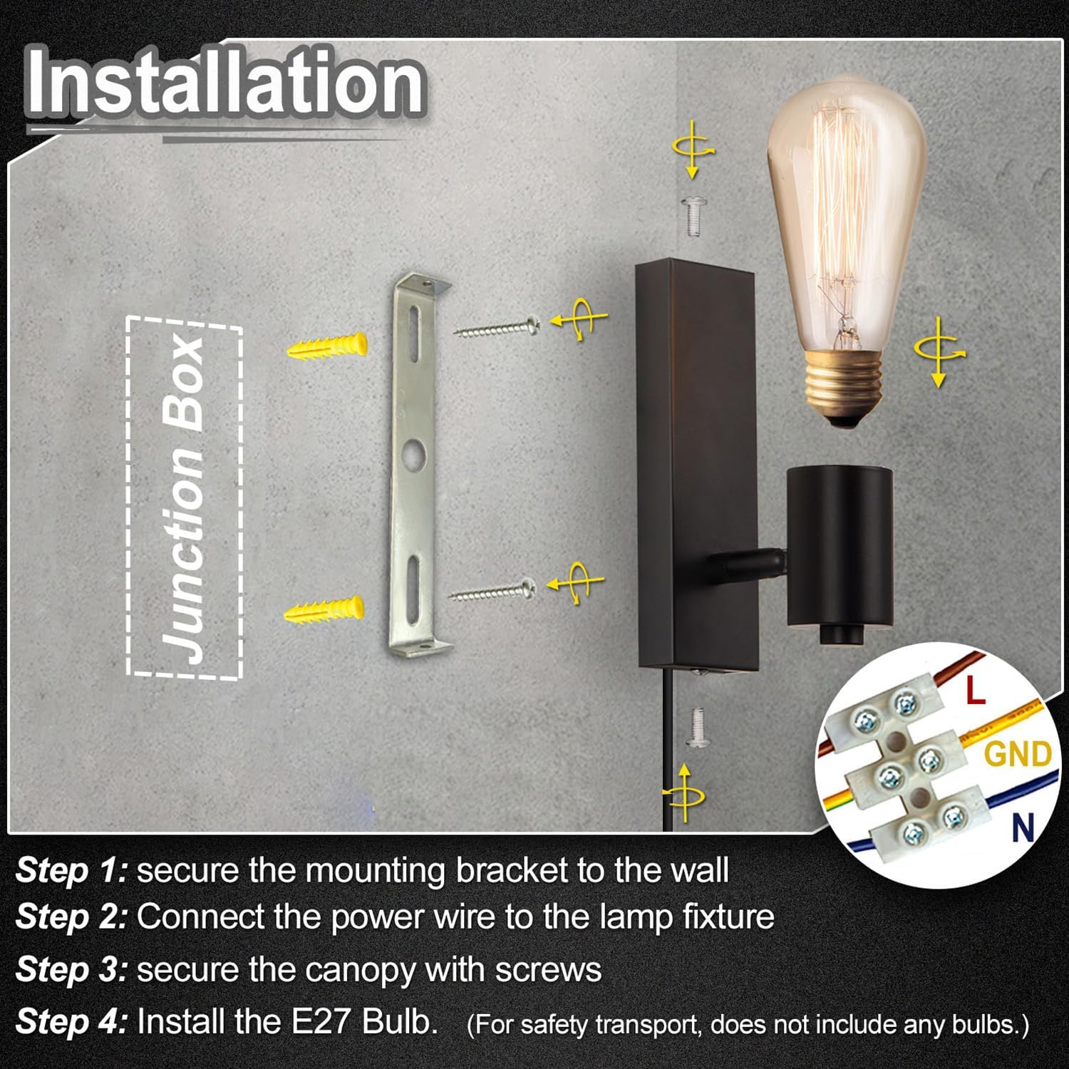 Lightsjoy 2-Pack Rotatable Industrial Plug-In Wall Sconces – Black E27
