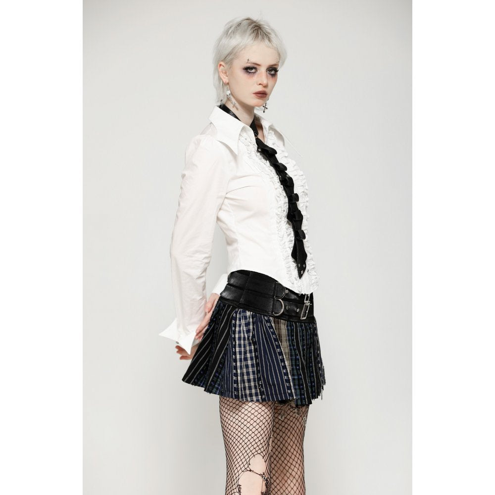 Dark in Love Sage Plaid Patchwork Pleated Mini Skirt with Leather Waist