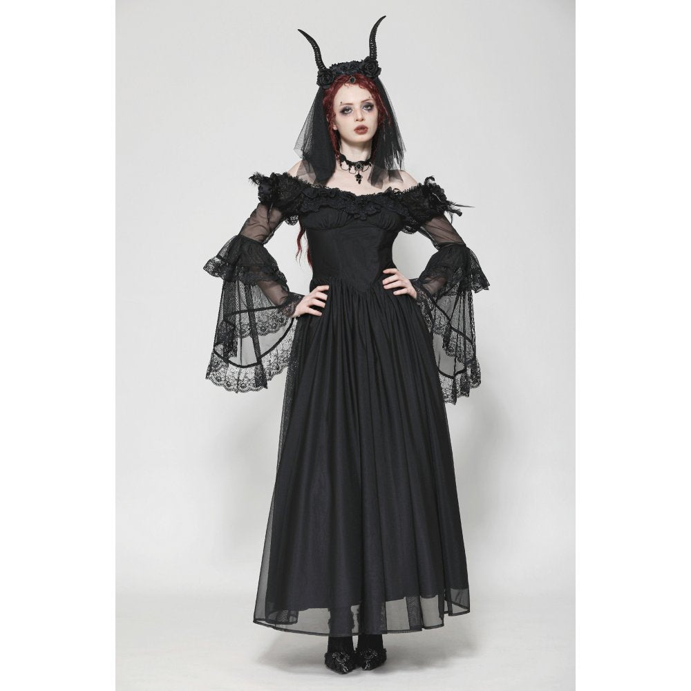 Dark in Love Millicent Black Tulle Feather Gothic Dress with Lace