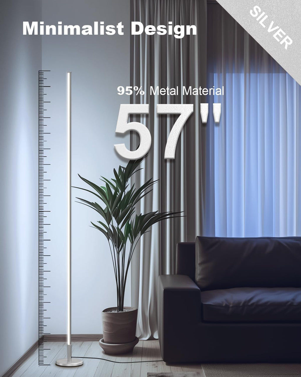 TACAHE Dimmable LED Corner Floor Lamp – 57" Minimalist Ambient Light