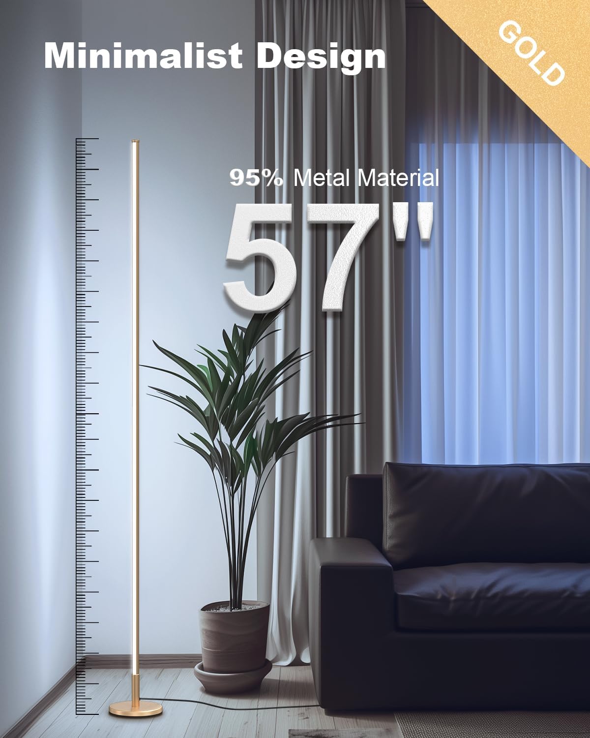 TACAHE LED Corner Floor Lamp – Dimmable Minimalist Mood Light, 57" Gold
