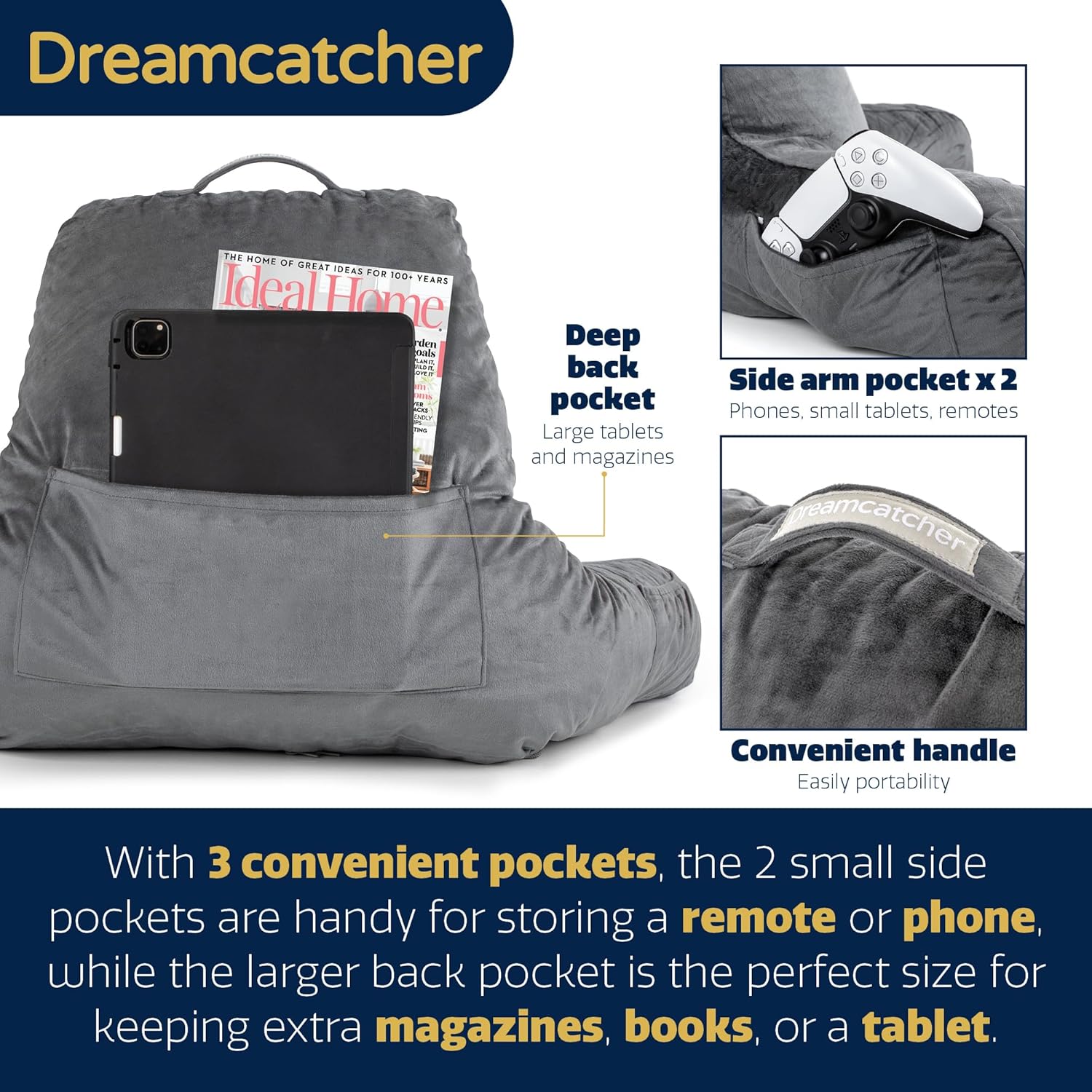 Dreamcatcher Grey Memory Foam Reading Pillow with Arm Support