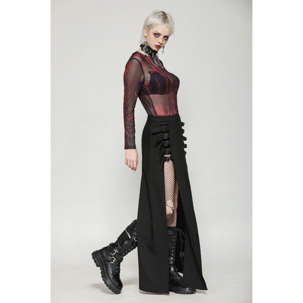 Dark in Love Phoenix Black Slit Maxi Skirt | Goth Faux Leather Buckle