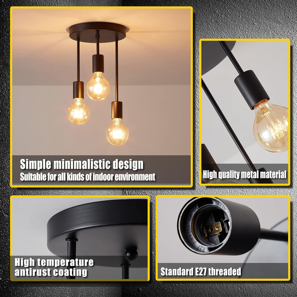 Lightsjoy 3-Way Black Ceiling Spotlight – Industrial E27 Metal Light