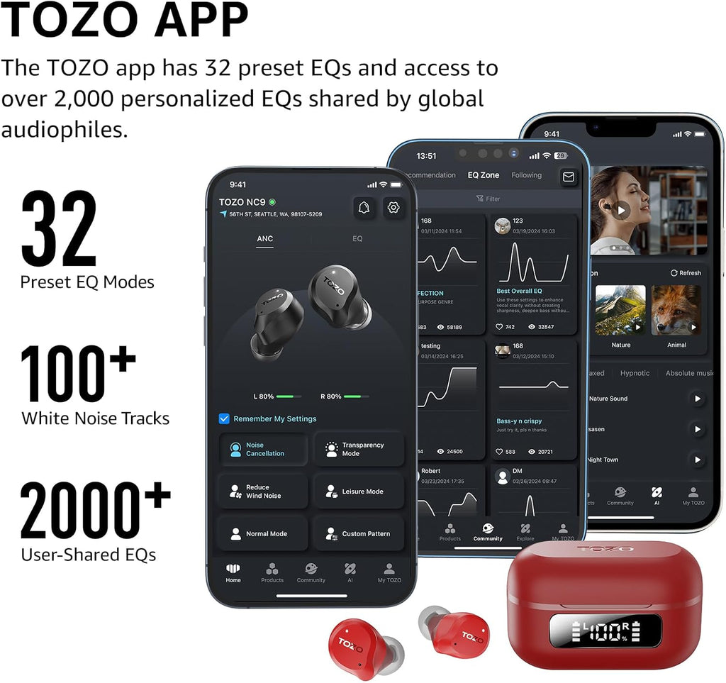 TOZO Hybrid Active Noise Cancelling Wireless Earbuds – 59H Playtime