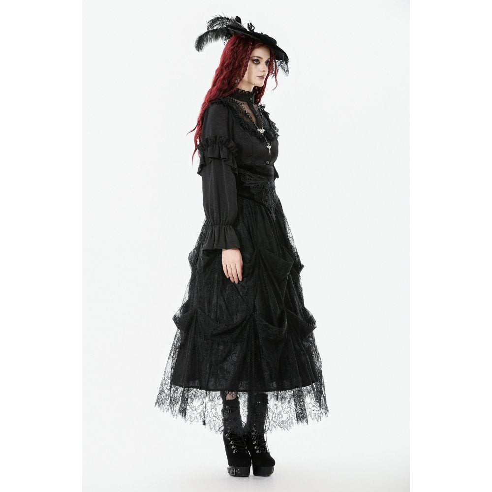 Dark in Love Gloriana Gothic Black Tulle and Lace Draped Maxi Skirt
