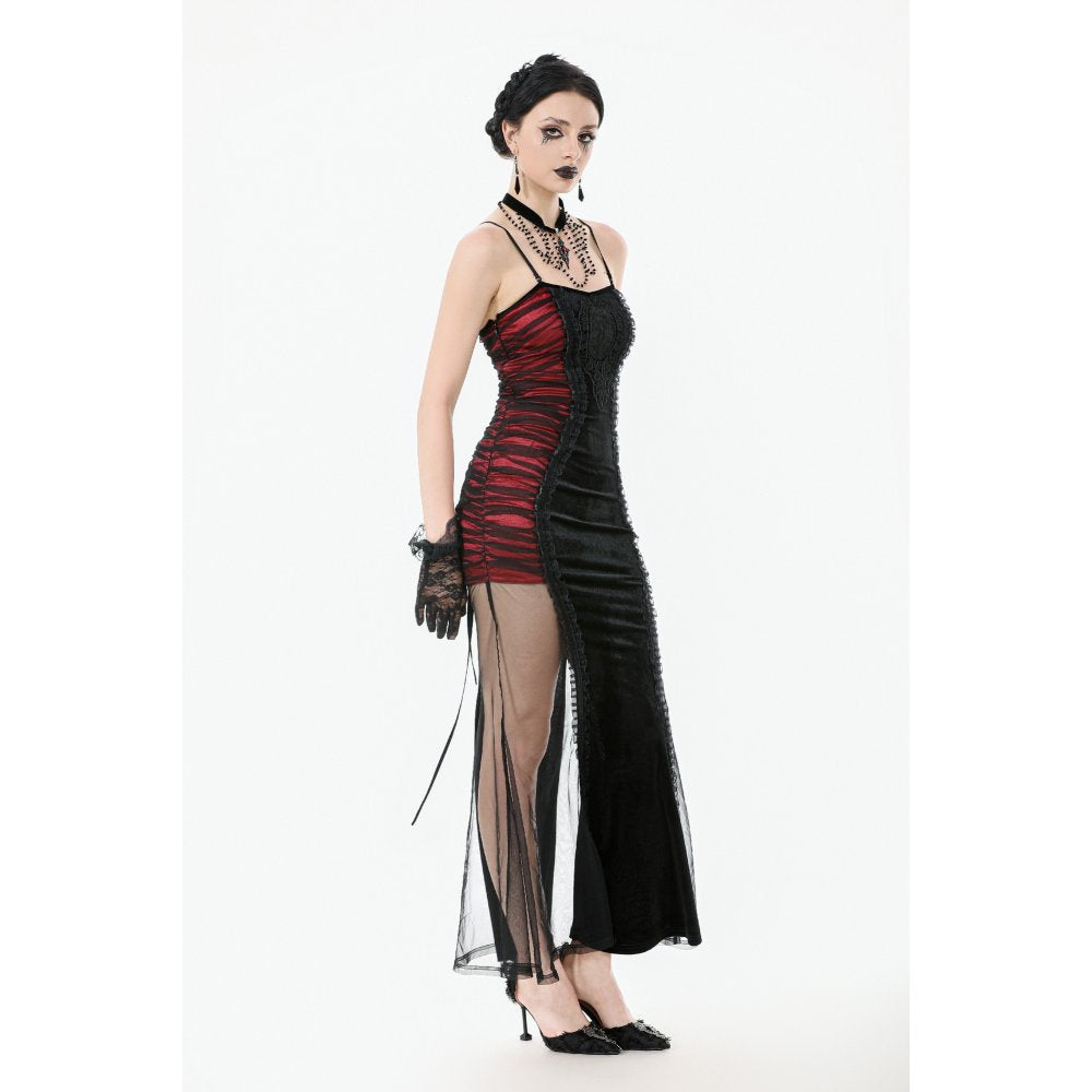 Dark in Love Lilith Goth Gown – Red & Black Velvet Mesh Panel Dress